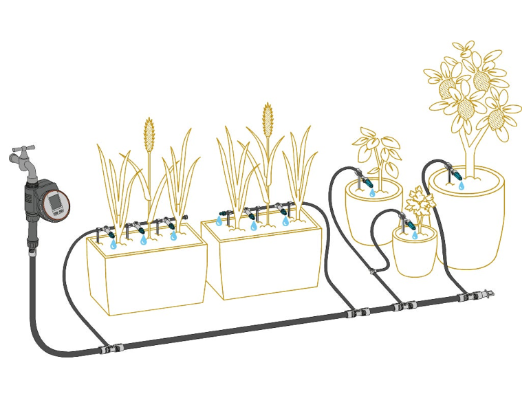Tropfschlauchbewässerung für Topf- und Kübelpflanzen.