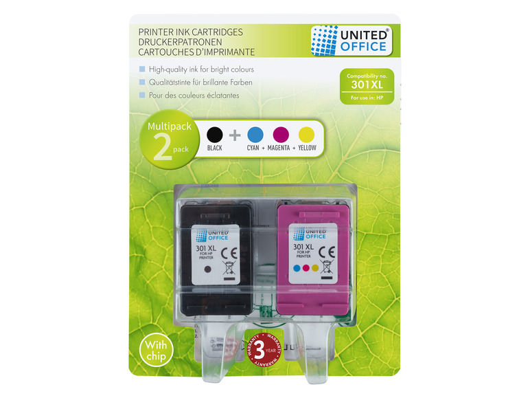Zwei Packungen schwarze, Cyan, Magenta und gelbe Tintenpatronen für HP Drucker von United Office.
