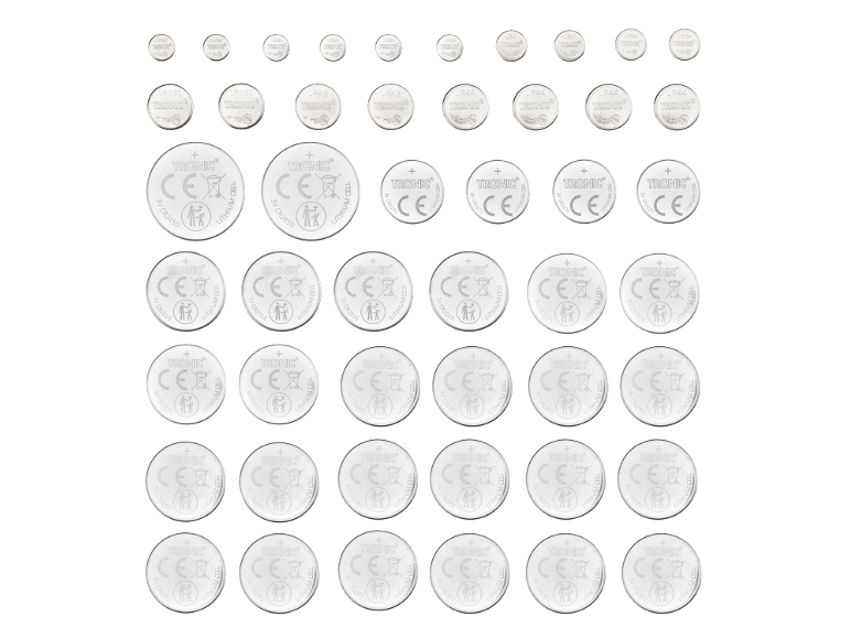Verschiedene Knopfzellenbatterien, darunter 3V CR2450, CR2016, CR1620, CR2025 und CR2032 Lithiumzellen.