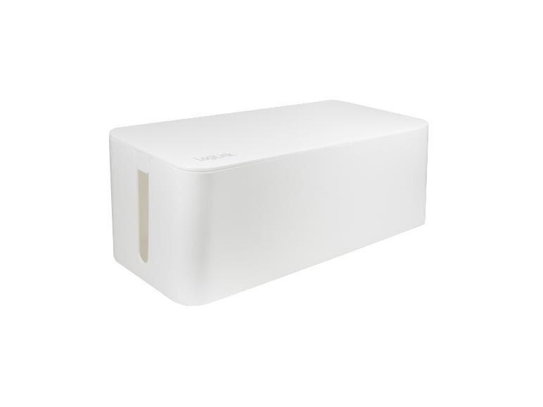 Weißer Kabelorganizer mit abgerundeten Ecken und einer Öffnung für Kabel.