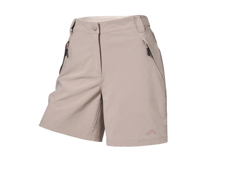 Beige Sportshorts mit Reißverschlüssen und Knopf.