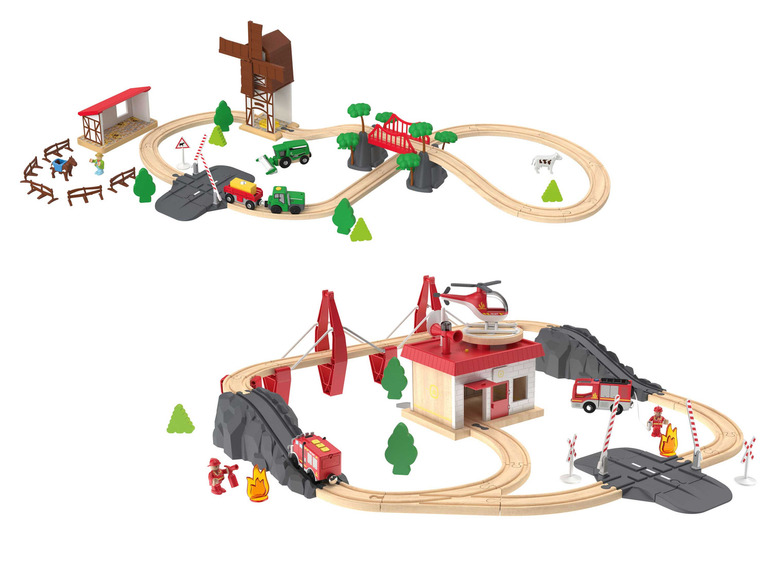 Gehe zu Vollbildansicht: Playtive Eisenbahn-Set, aus Echtholz, mit liebevoll gestalteten Stationen - Bild 1