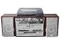 Braunes Musiksystem mit Plattenspieler, Doppelkassettendeck, CD-Player und Radio.