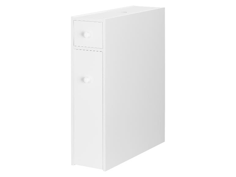 Schmaler weißer Schrank mit Schublade und Tür, ideal für kleine Räume.