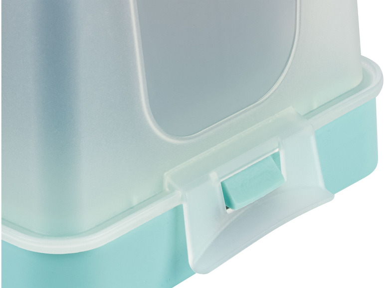 Eine blaue Katzentoilette mit Deckel.