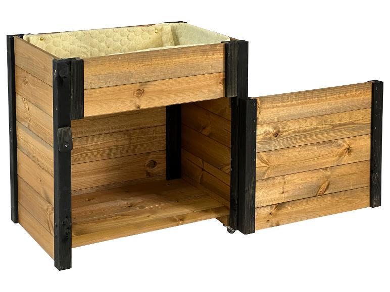 Hochbeet aus Holz mit offenem Staufach und Rollen.