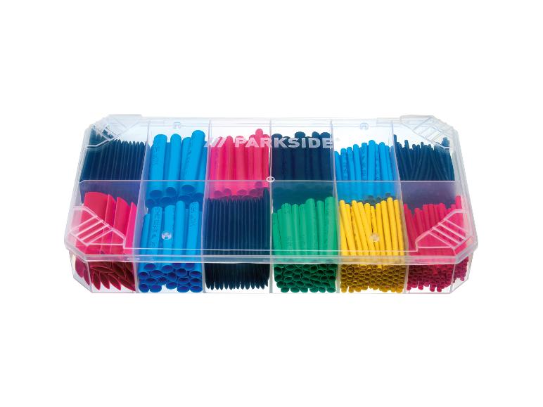 Parkside Sortiment Schrumpfschläuche: Blau, Rosa, Schwarz, Grün und Gelb.