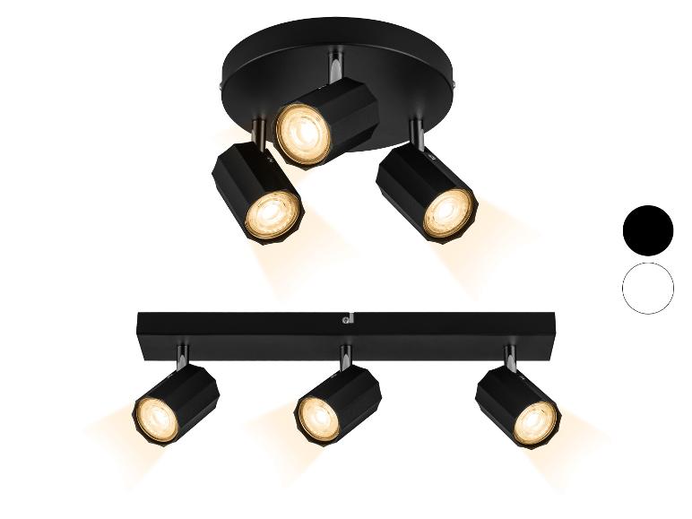 Schwarze Deckenstrahler mit drei und vier Lichtern, mit weißen und schwarzen Farboptionen.