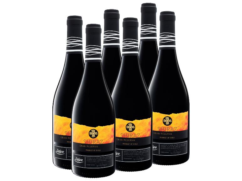 Sechs Flaschen Shiraz Gran Reserva Rotwein aus Chile mit gelben und orangefarbenen Etiketten.