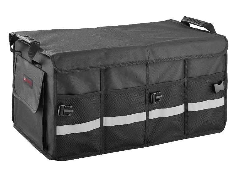 Schwarze Ultimate Liefertasche mit mehreren Fächern und reflektierenden Streifen.