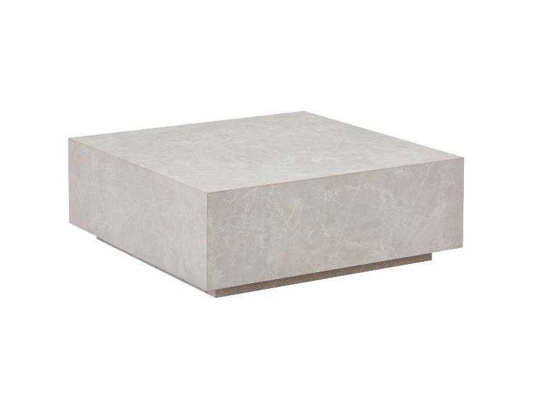 Quadratischer Couchtisch aus hellgrauem Marmor mit schwebendem Sockel.