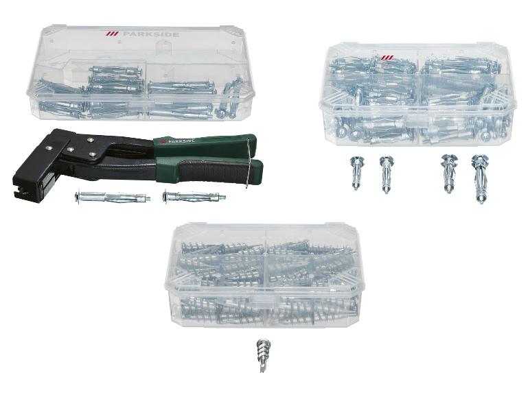 PARKSIDE Gipskartondübel-Sets mit Setzwerkzeug und verschiedenen Dübeln in transparenten Boxen.