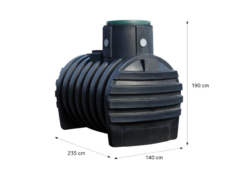 Schwarzer Regenwassertank mit den Maßen 235x140x190 cm.