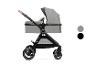 Grauer und schwarzer Kinderwagen mit Babywanne und Sportsitz.