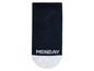 Eine dunkelblaue Socke mit dem Schriftzug 'MONDAY'