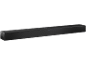 Schwarze Soundbar mit perforiertem Gitter und Bedienelementen oben.