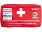 Rote Verbandtasche mit weißem Kreuz, TÜV-Zertifizierung und mehrsprachigem Text.