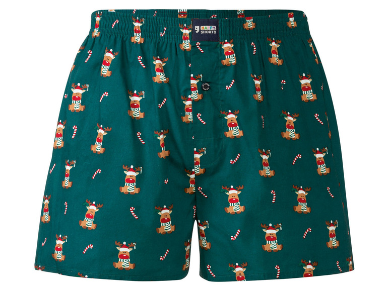 Grüne Boxershorts mit Rentieren und Zuckerstangen-Motiv.