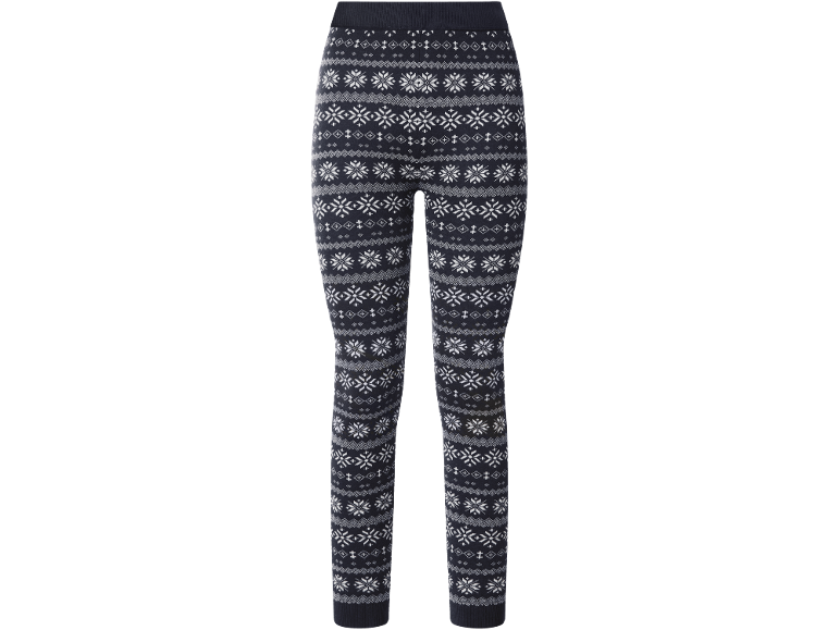Dunkelblaue Strickleggings mit norwegischem Schneeflockenmuster.