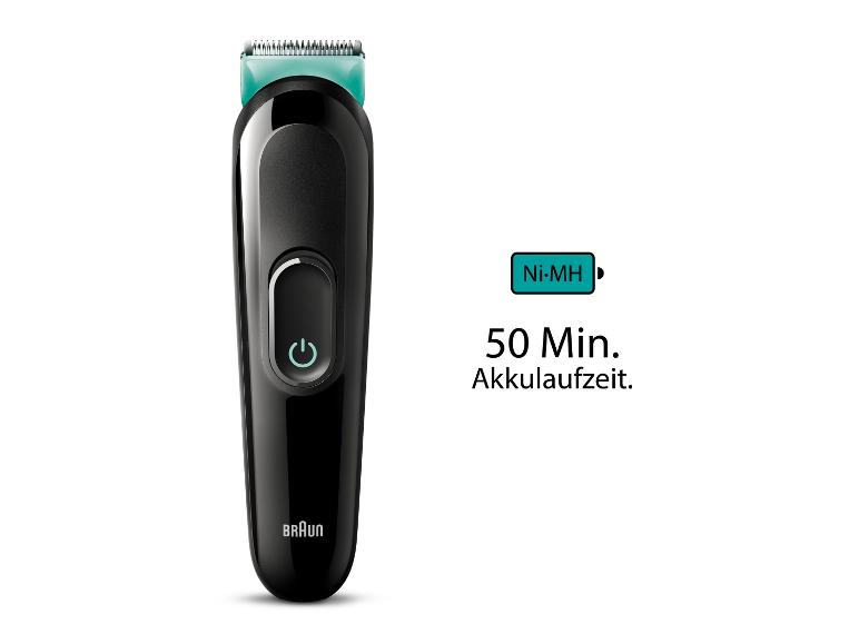 Schwarzer Braun Trimmer mit Anzeige von 50 Minuten Ni-MH Akkulaufzeit.