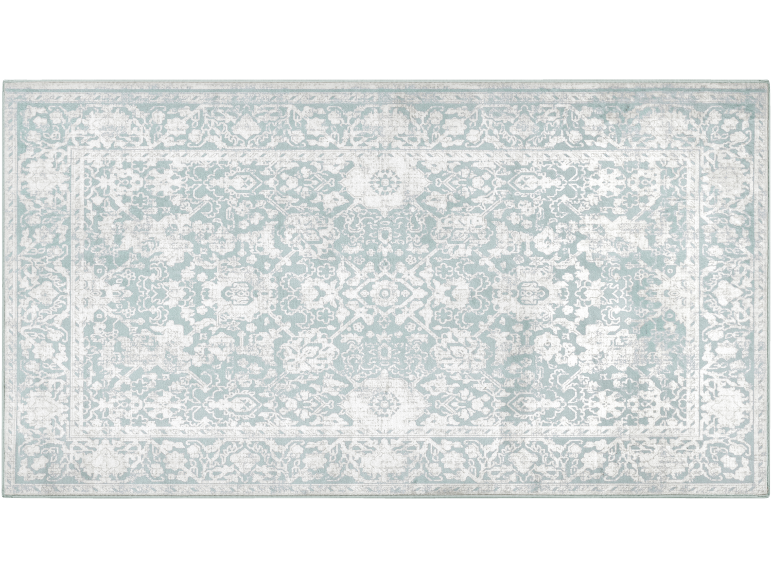 Rechteckiger Teppich mit abstraktem Blumenmuster und dekorativem Rand, in Blau- und Weißtönen.