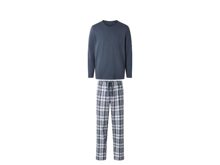 Herrenpyjama mit blauem Langarmshirt und karierter Hose.
