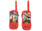 Zwei rote Spielzeug-Walkie-Talkies mit Paw Patrol-Charakteren.