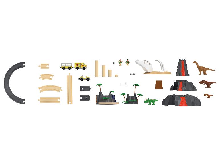 Dinosaurier-Spielset mit Eisenbahnschienen, Fahrzeugen und Figuren.