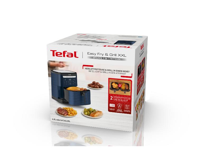 Tefal Easy Fry & Grill XXL Box, eine 2-in-1 Heißluftfritteuse und Grill, mit gekochtem Essen.