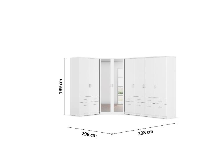 Weißer Eckkleiderschrank mit Spiegeln und Schubladen, Maße 199x298x208 cm.