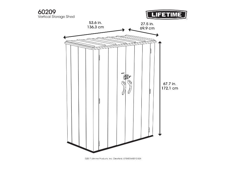 Strichzeichnung eines vertikalen Geräteschuppens mit Abmessungen: 53,6 Zoll (136,3 cm) breit, 27,5 Zoll (69,9 cm) tief und 67,7 Zoll (172,1 cm) hoch.