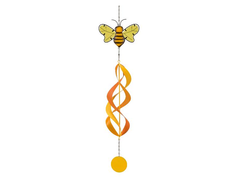 Bienen-Windspiel mit gelben und orangefarbenen Spiralelementen und einer runden Scheibe.