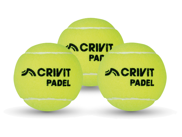 Drei gelbe Padelbälle mit dem Text „CRIVIT PADEL“ auf weißem Hintergrund.