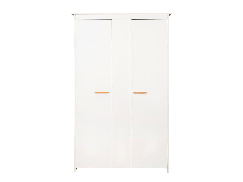 Weißer zweitüriger Kleiderschrank mit Holzgriffen
