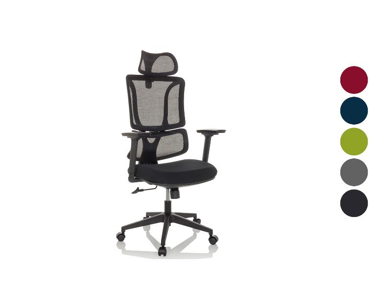 Schwarzer ergonomischer Bürostuhl mit Netzrückenlehne und Kopfstütze, mit Farbmustern