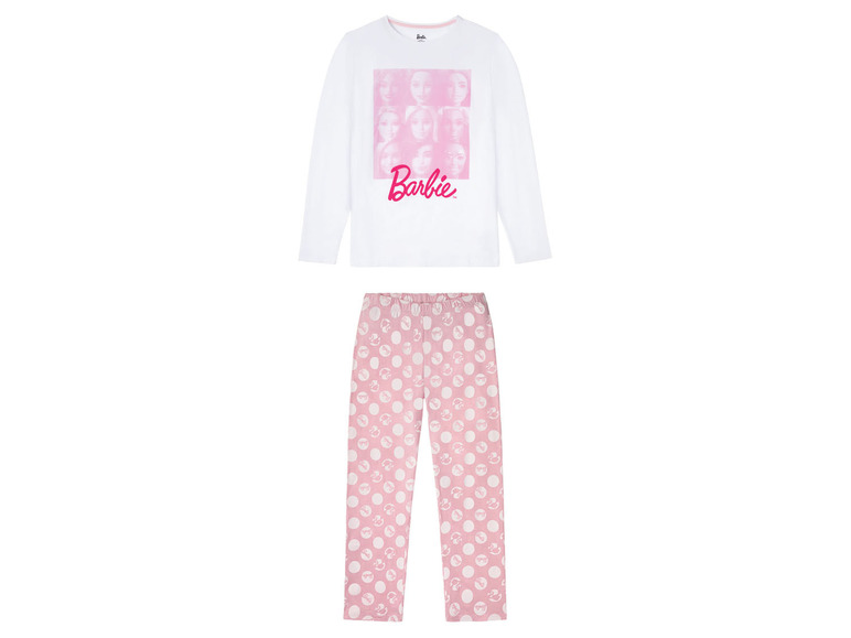 Weißer Barbie Pyjama mit rosafarbenen Hosen mit weißen Punkten.