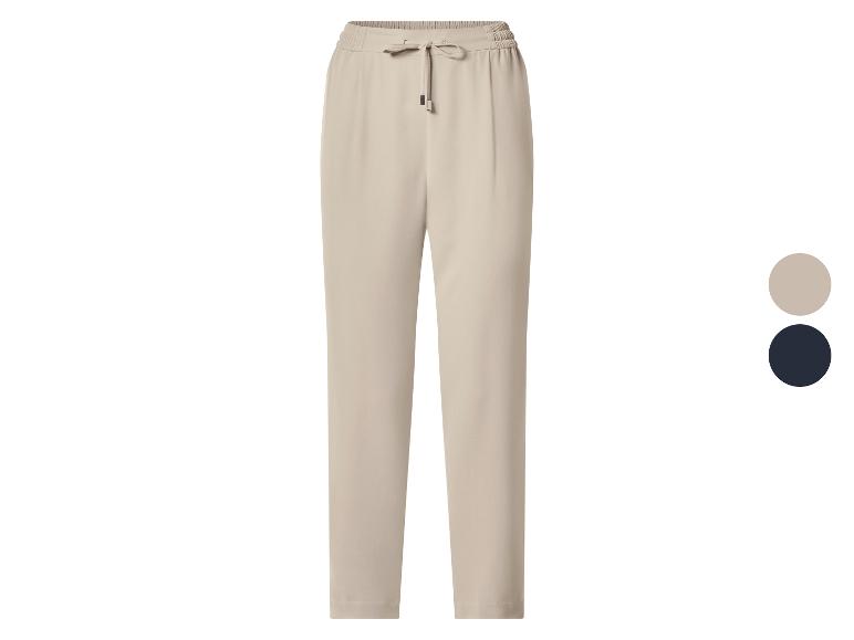 Beige Damenhose mit elastischem Bund und Kordelzug, auch in Dunkelblau erhältlich.