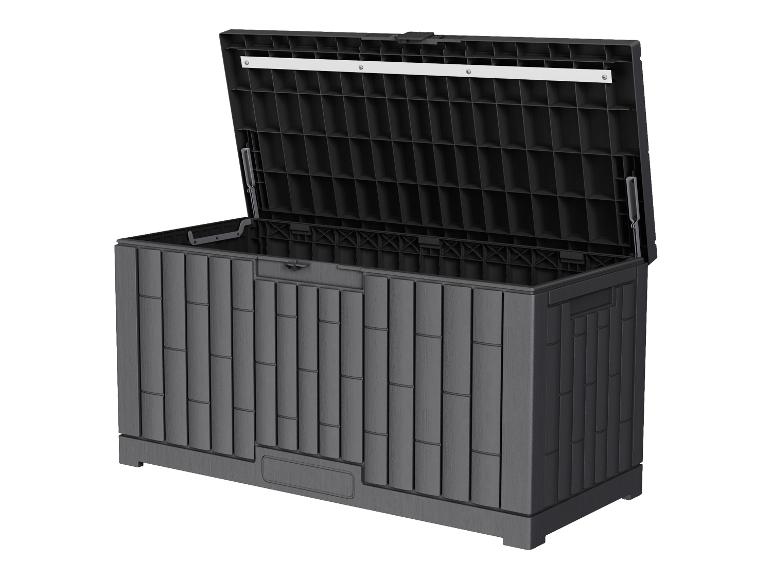Schwarze Kunststoff-Gartenbox mit offenem Deckel