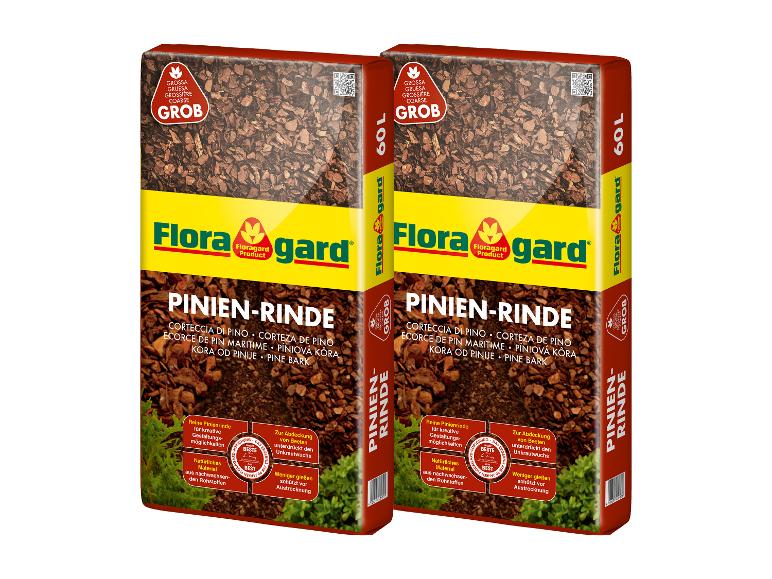 Zwei Packungen grobe Pinienrinde für den Garten, je 60 Liter.