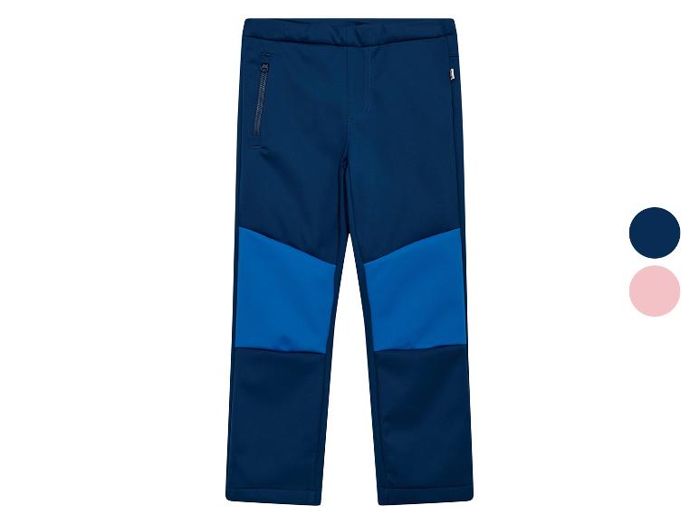 Blaue Softshell-Hose für Kinder mit hellblauen Details und Reißverschluss.