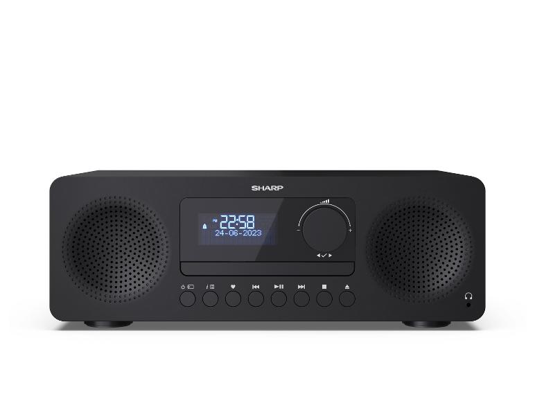 Schwarzes Digitalradio mit Uhr und Lautsprechern