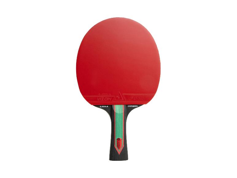 Roter Tischtennisschläger mit schwarzem Griff und grünen und roten Streifen.