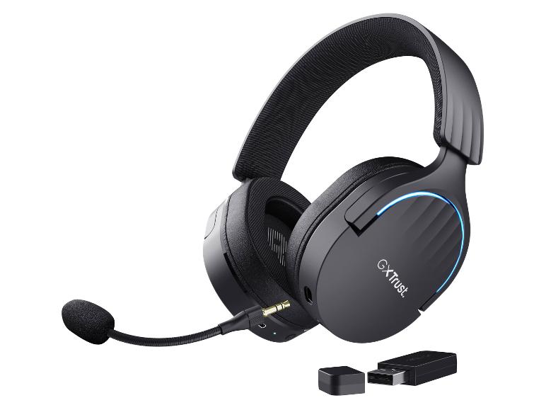 Schwarze kabellose Gaming-Kopfhörer mit Mikrofon und USB-Adapter.