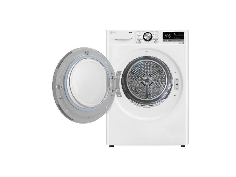 Weißer LG ThinQ Trockner mit geöffneter Tür, der das Trommelinnere zeigt.