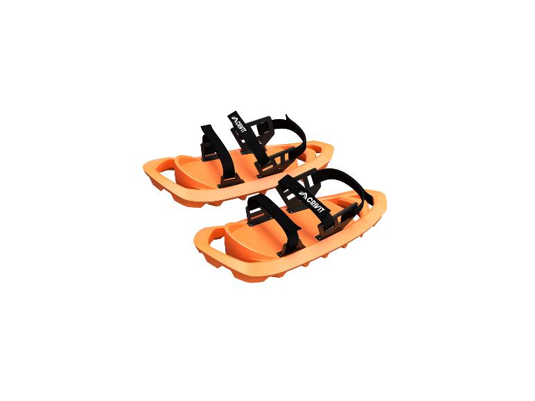 Zwei orangefarbene Schneeschuhe mit schwarzen Riemen und Crivit-Logo.