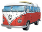 3D-Puzzle in Form eines klassischen rot-weißen Campingbusses mit Surfbrett