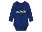 Ein dunkelblauer Baby-Body mit Dinosaurier-Motiv.