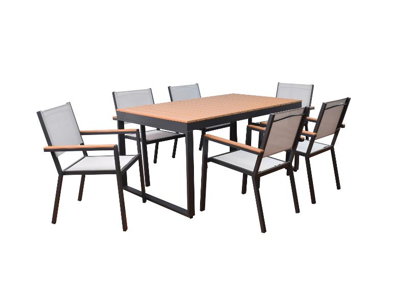 Garten-Essgruppe mit einem rechteckigen Tisch und sechs Stühlen mit Armlehnen.