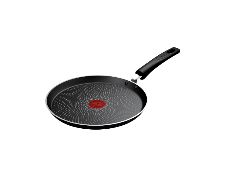 Schwarze Antihaft-Crêpepfanne mit rotem Thermo-Spot-Indikator.