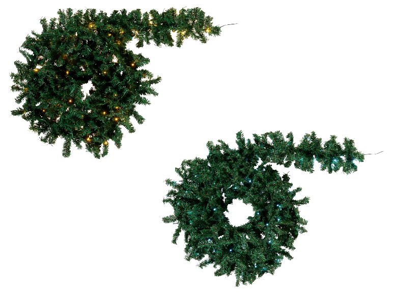 Zwei künstliche Weihnachtsgirlanden mit Lichtern, eine mit warmweißen und eine mit kaltweißen Lichtern.